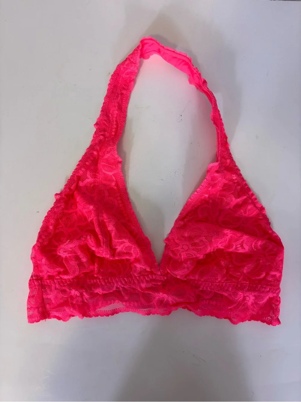 PINK Victoria's Secret Neon Pink Lace Halter Bralette - Bright Pink Medium